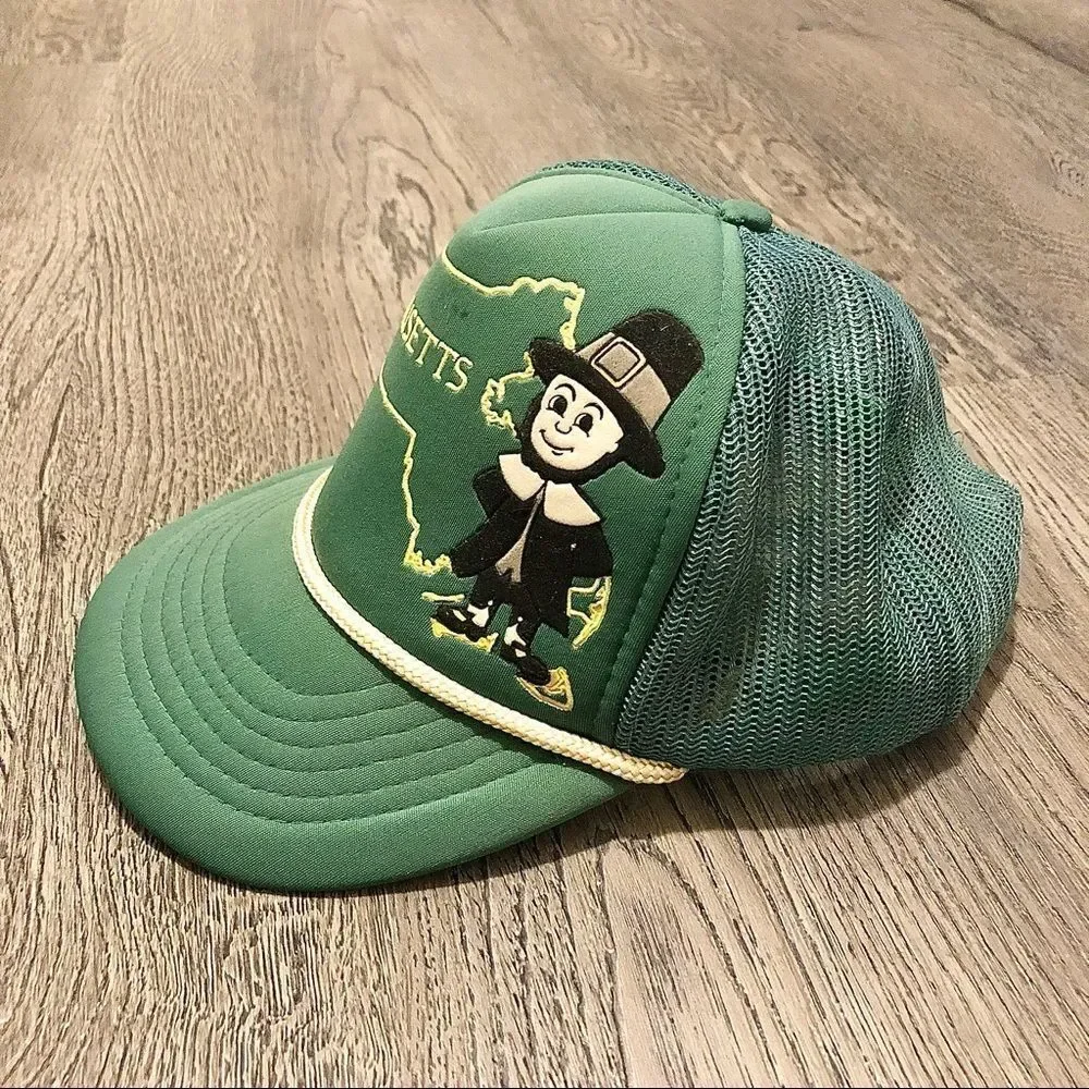 Vintage Snapback Rope Hat Cap Trucker Massachusetts State Pilgrim Green Mesh